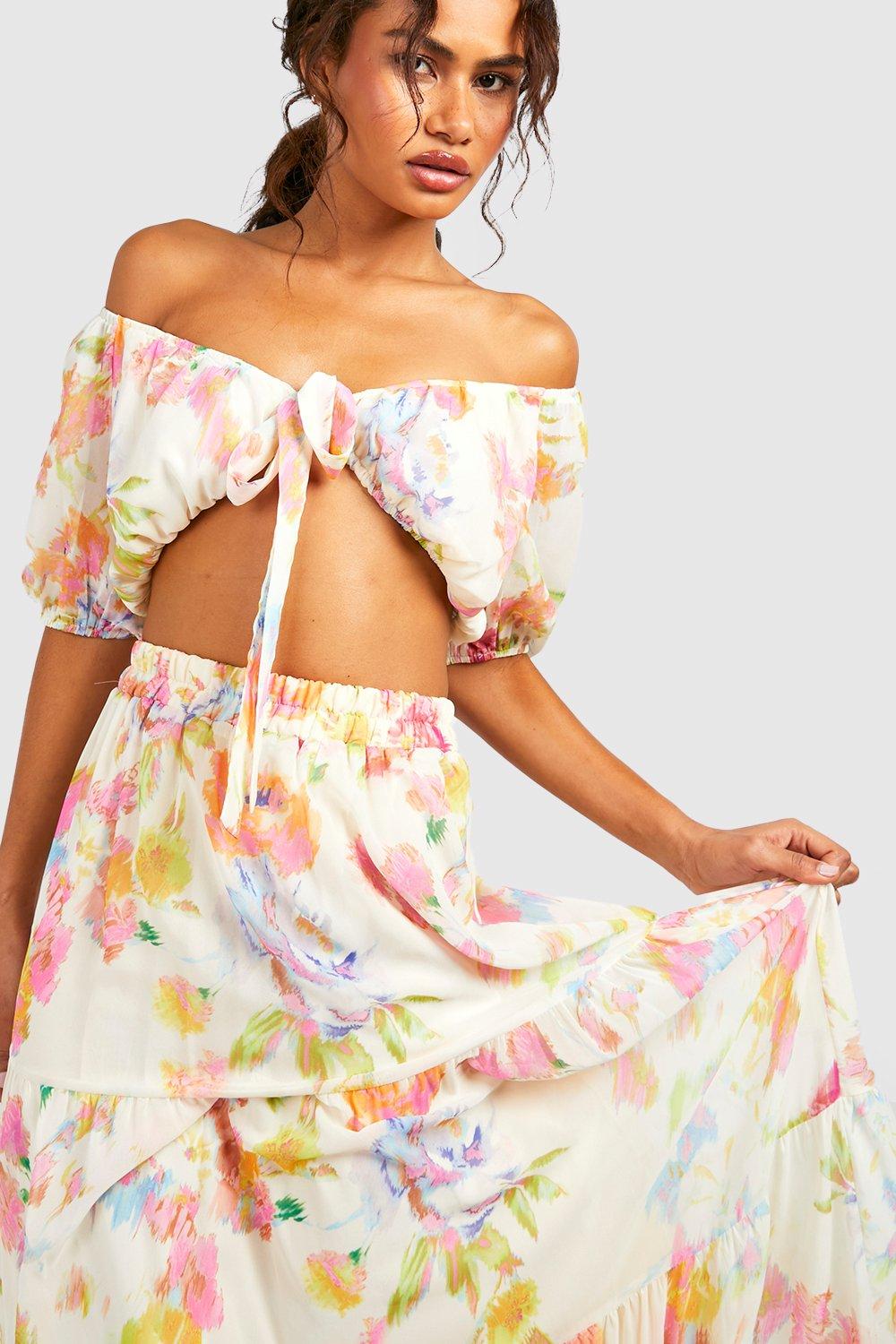 Gonna maxi morbida a fiori in colori pastello con balze boohoo