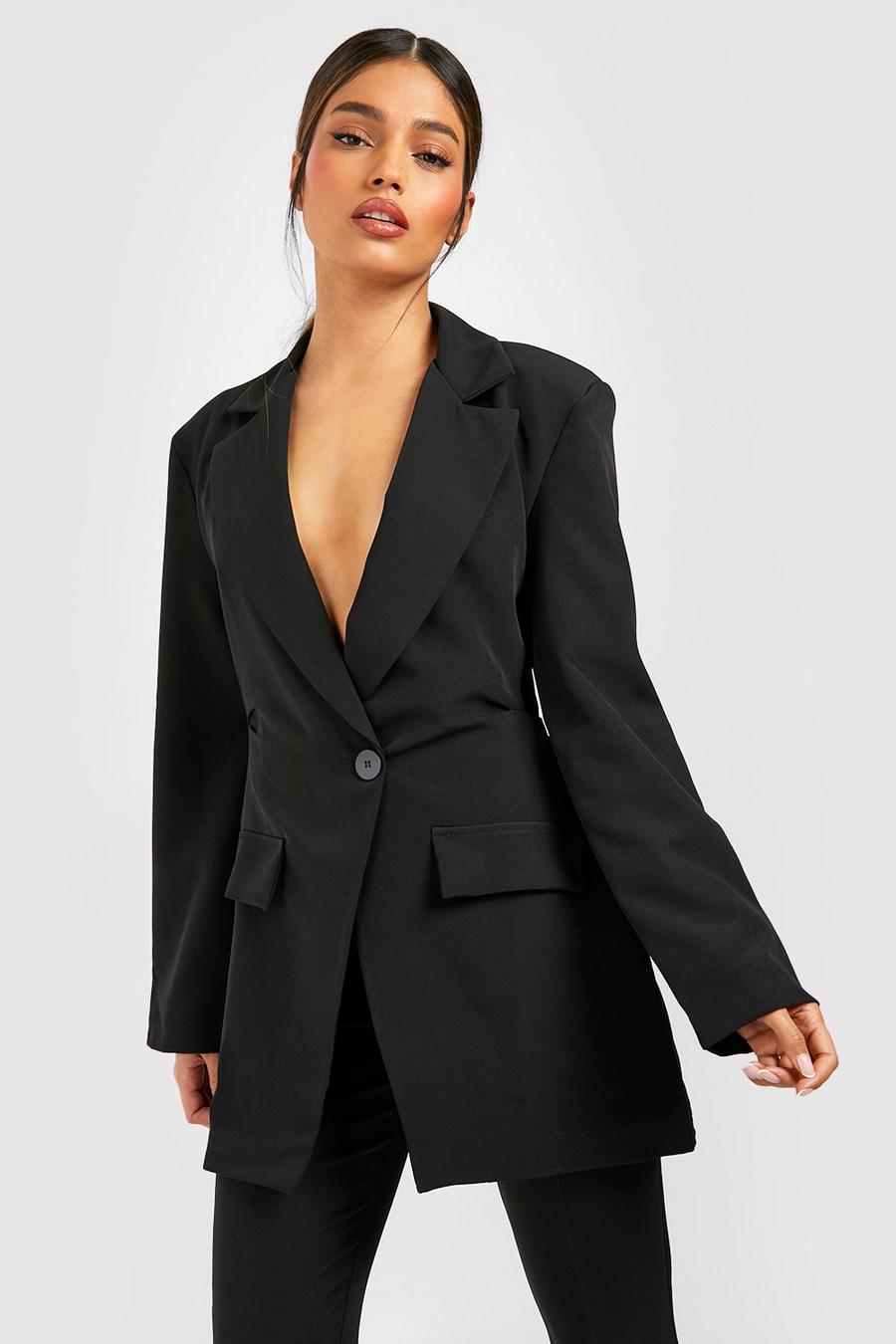 Black Plunge Fitted Waist Tailored Blazer image number 1