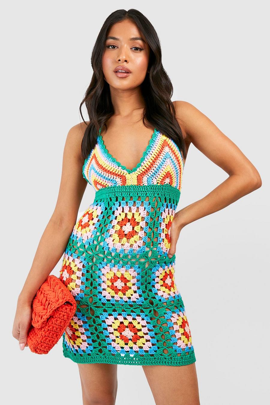 Green Petite Premium Patchwork Crochet Square Mini Dress image number 1