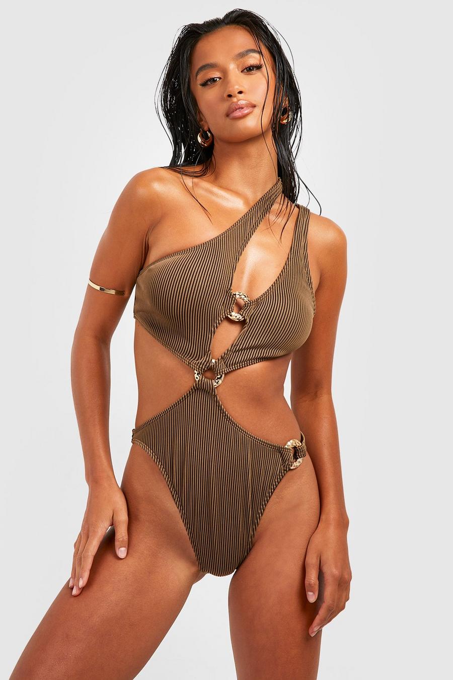 Chocolate Petite Gold Ring Detail Cut Out Swimsuit image number 1