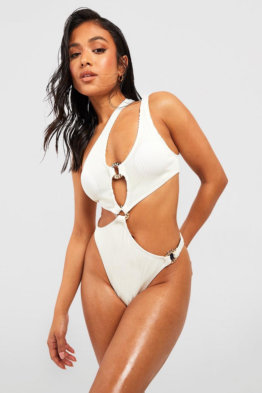 Ivory Petite Gold Ring Detail Cut Out Swimsuit image number 1