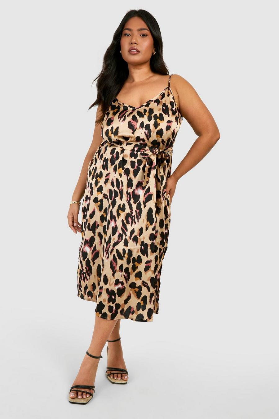 Vestito midi Plus Size Libby con stampa leopardata e spalline, Brown image number 1