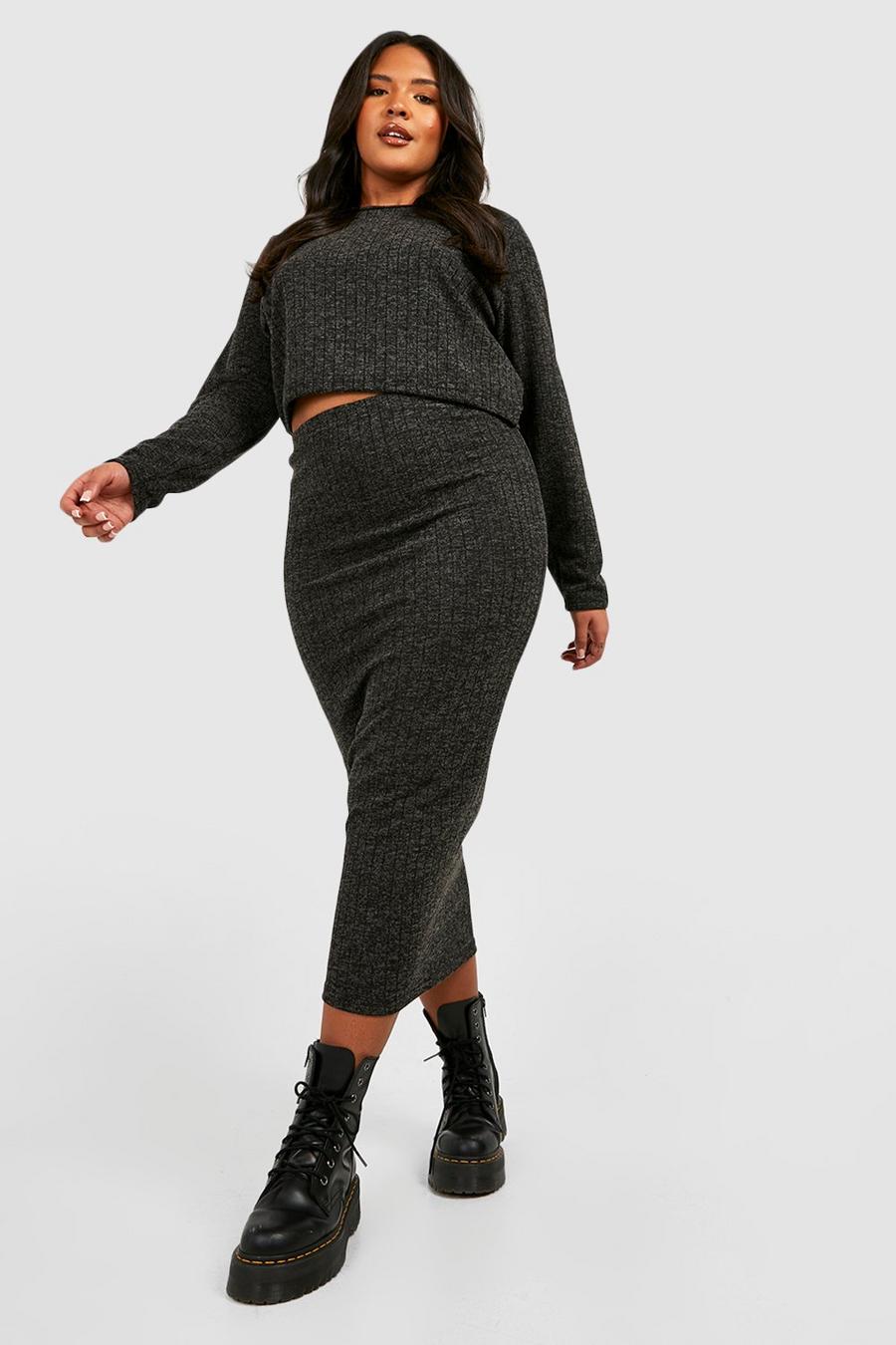 Black Plus Knitted Brush Rib Top & Midaxi Skirt Co-ord  image number 1