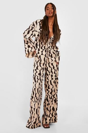 Stone Beige Abstract Print Wide Leg Trousers