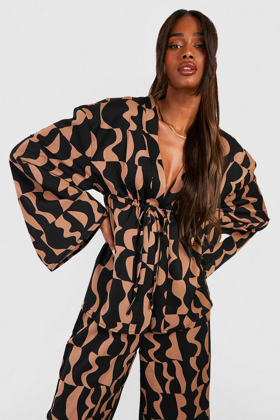 Mocha Abstract Print Flared Sleeve Blouse