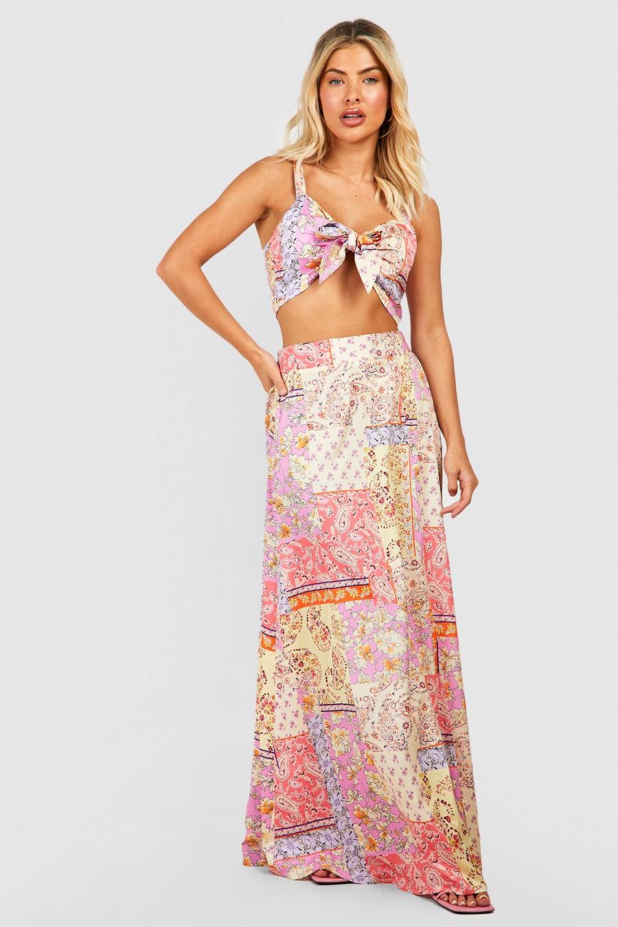 Lilac Paisley Print Knot Bralettete & Thigh Split Maxi Skirt image number 1