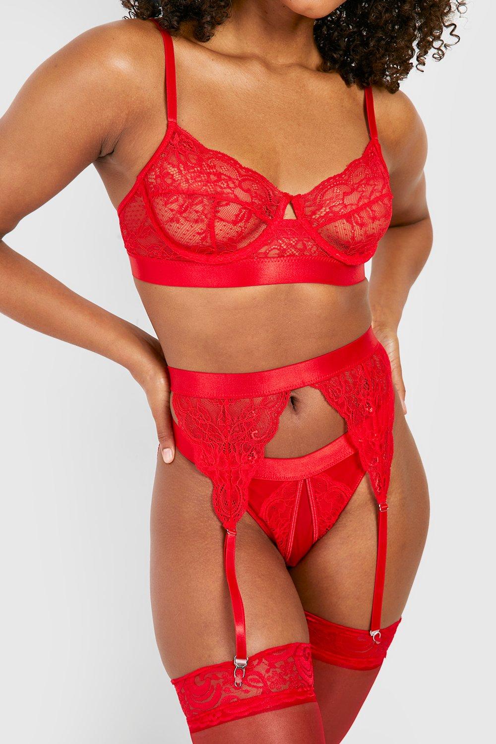 Women's Crotchless Lace Bra Thong And Suspender Set