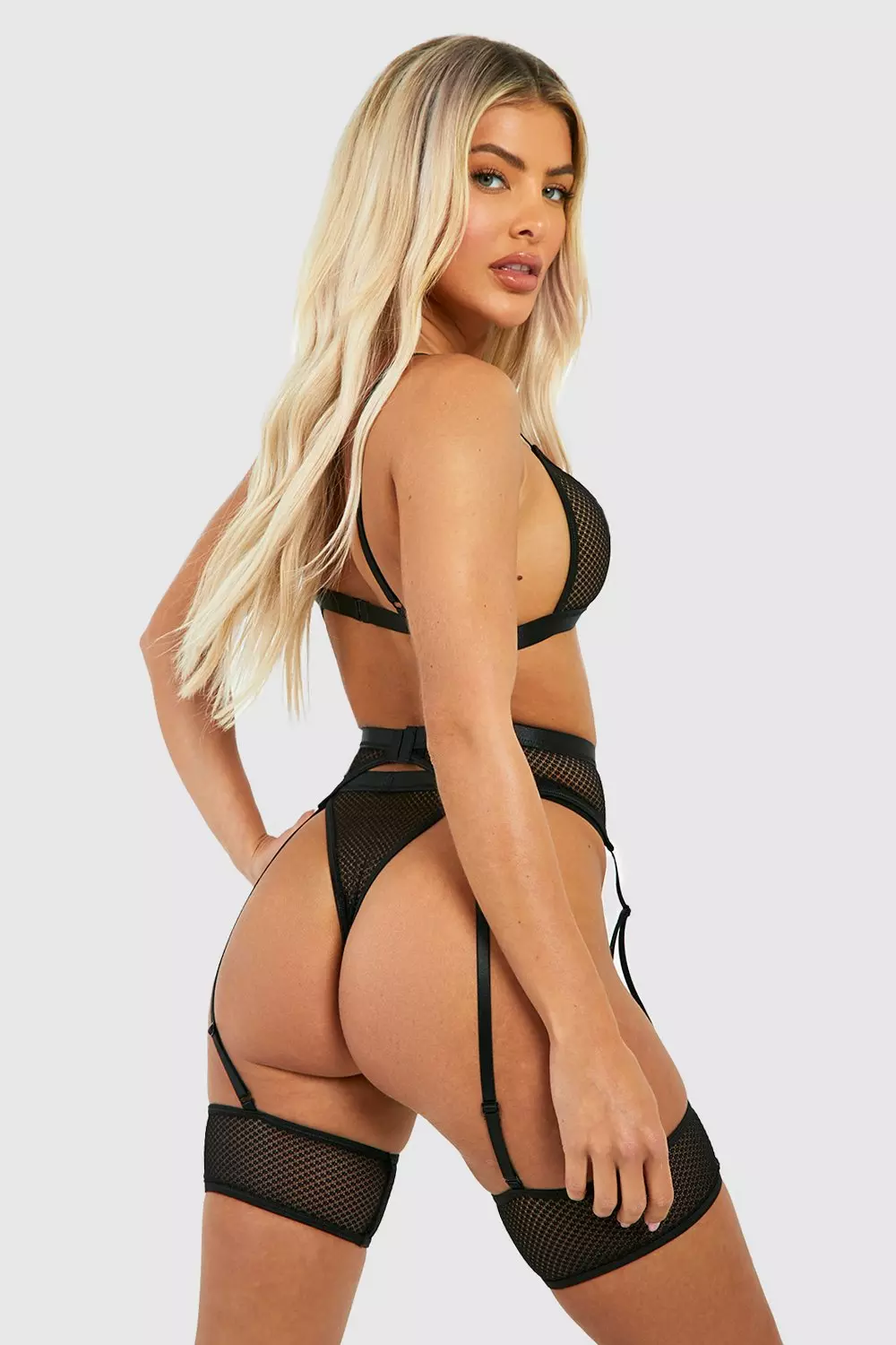 Black Crotchless Mesh Strappy Bralette Thong And Suspender Set alternative image