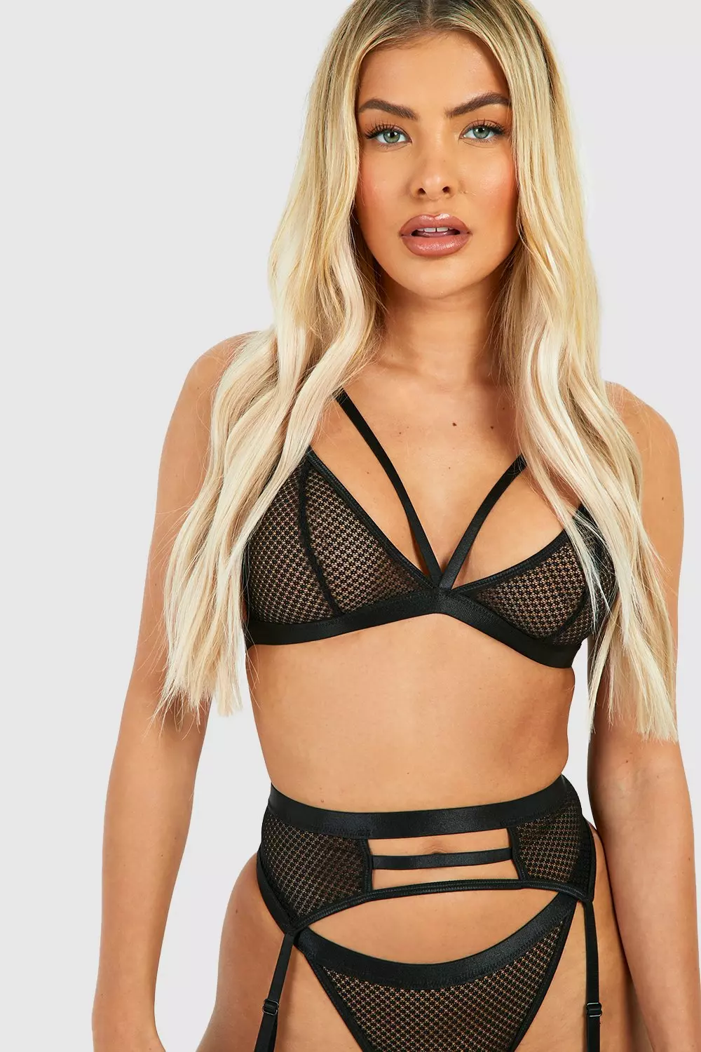 Black Crotchless Mesh Strappy Bralette Thong And Suspender Set alternative image