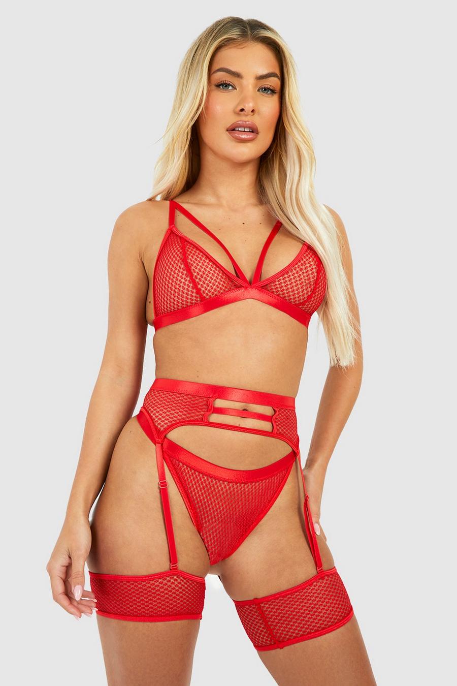 Red Crotchless Mesh Strappy Bralette Thong And Suspender Set image number 1
