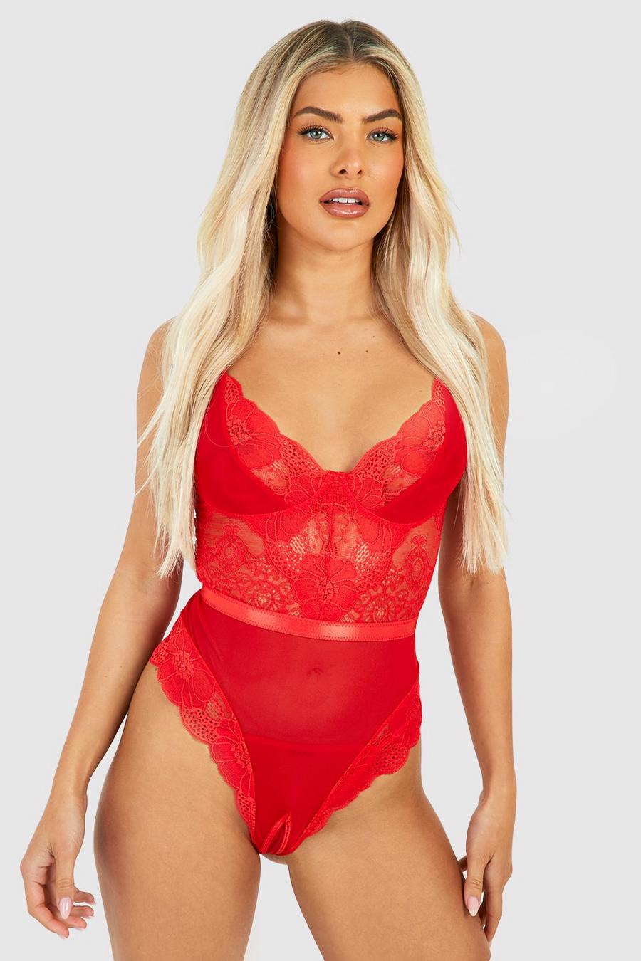 Red Crotchless Lace And Mesh Bodysuit