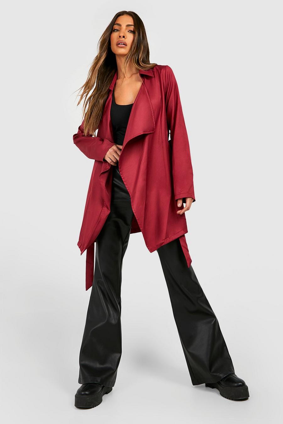 Burgundy Waterfall Belted Trench Coat image number 1