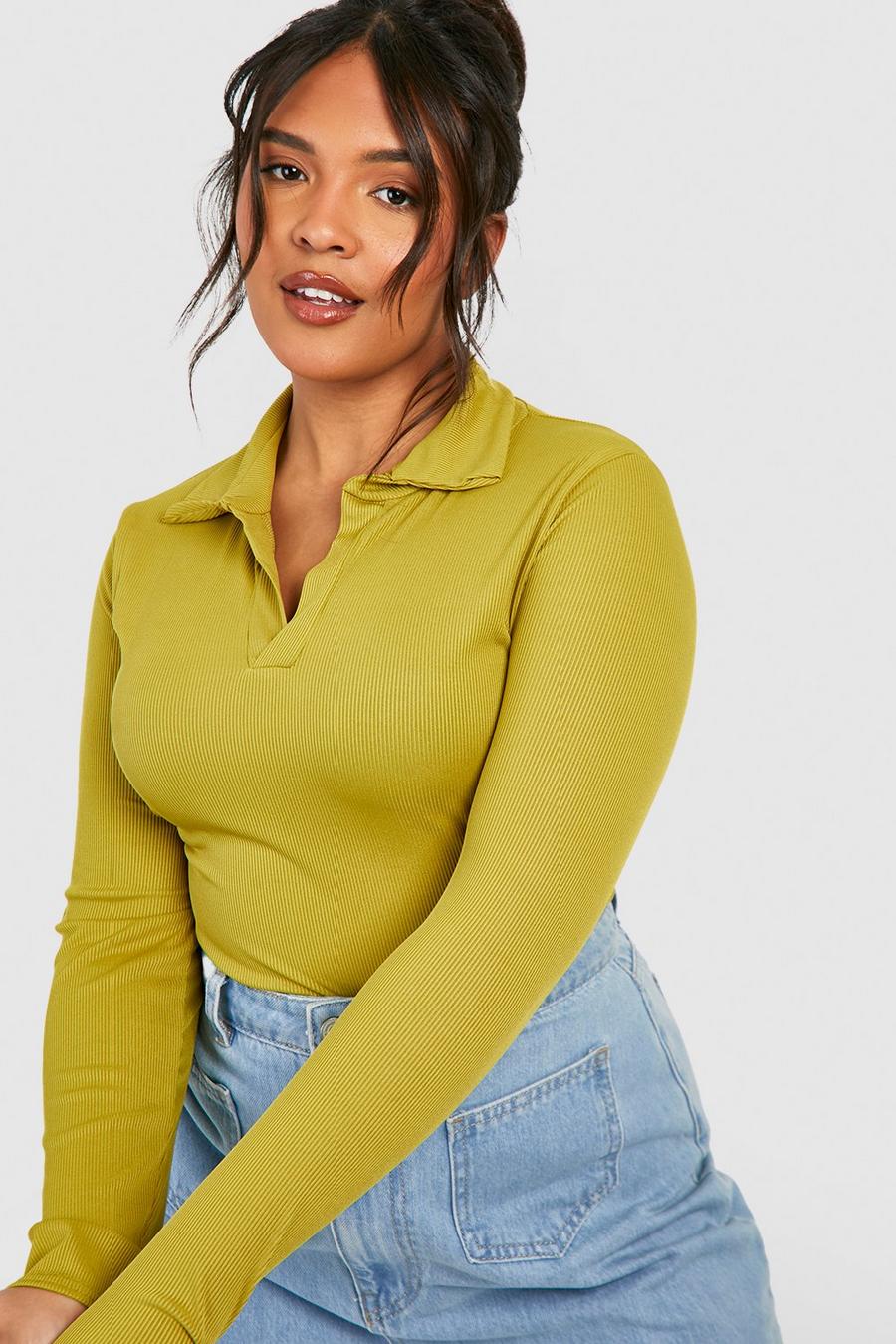 Olive green Plus Rib Collar Long Sleeve Top image number 1
