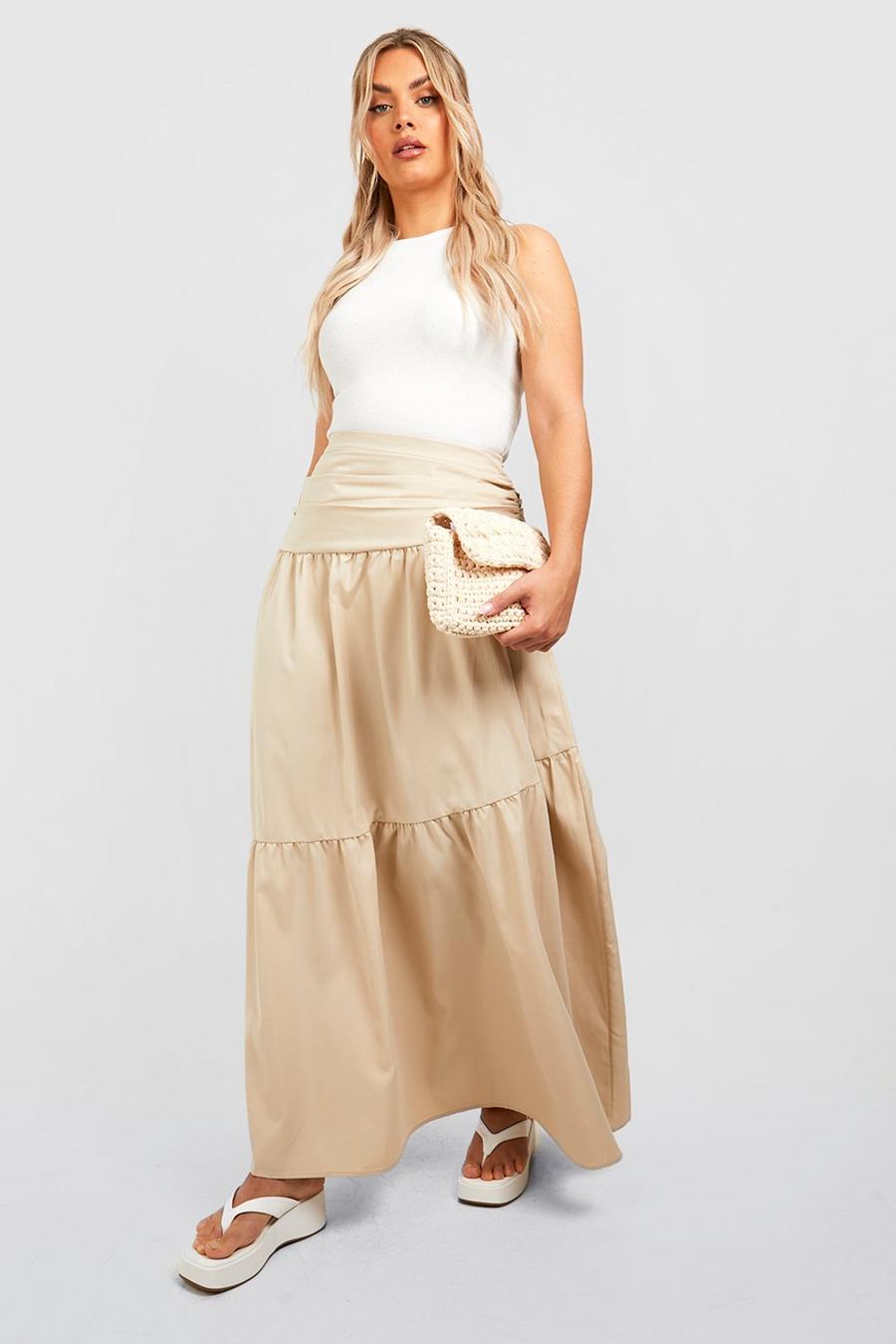 Stone beige Plus Woven Asymmetric Maxi Boho Skirt