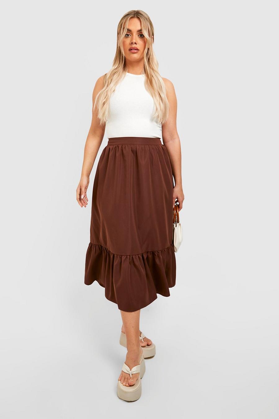 Chocolate brown Plus Woven Tiered Boho Midi Skirt image number 1