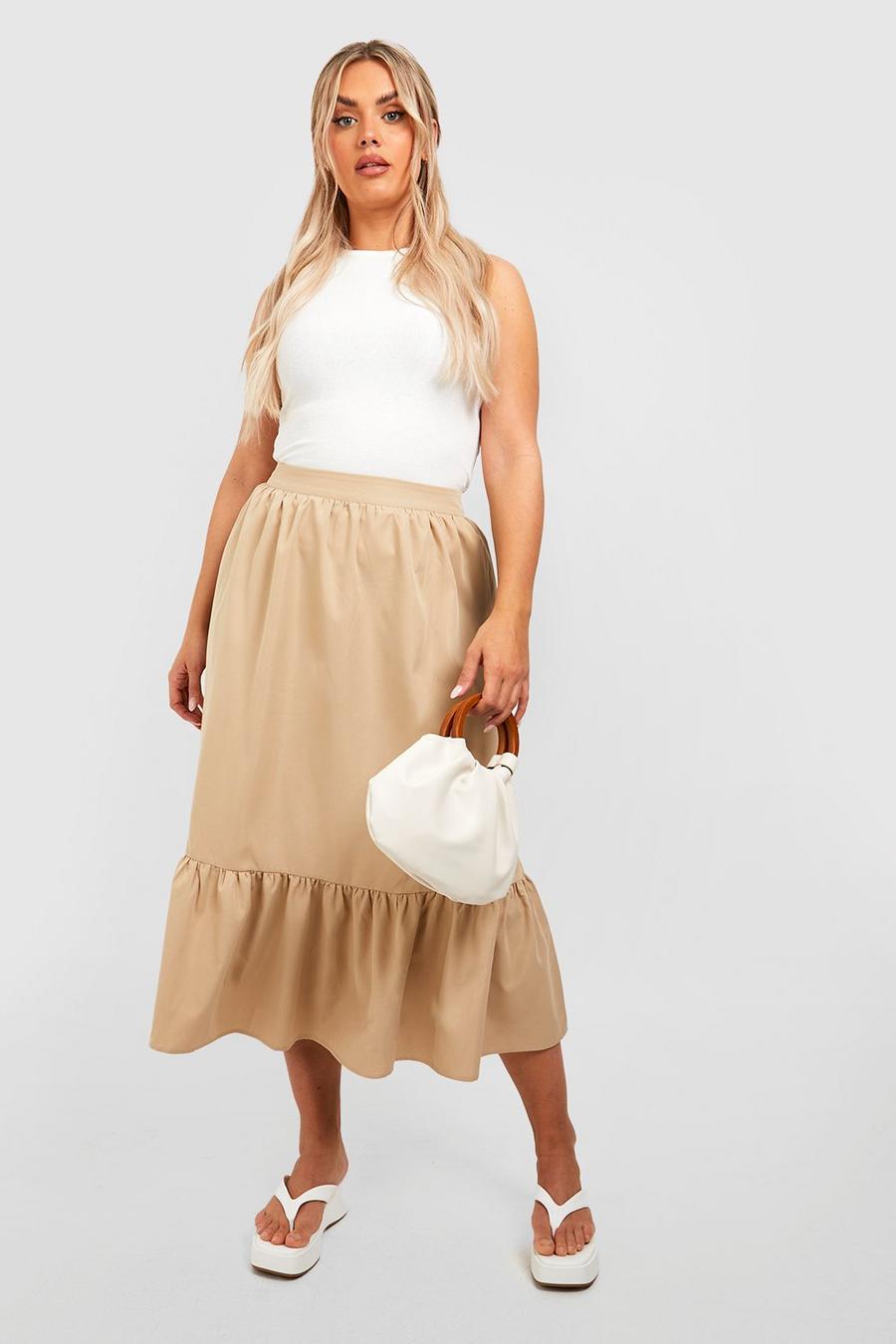 Stone beige Plus Woven Tiered Gypsy Midi Skirt