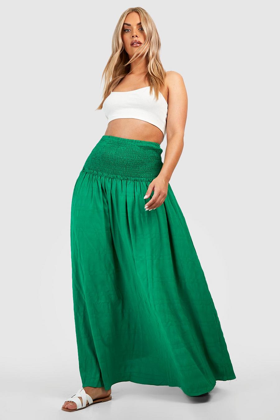 Green Plus Woven Shirred Boho Maxi Skirt image number 1