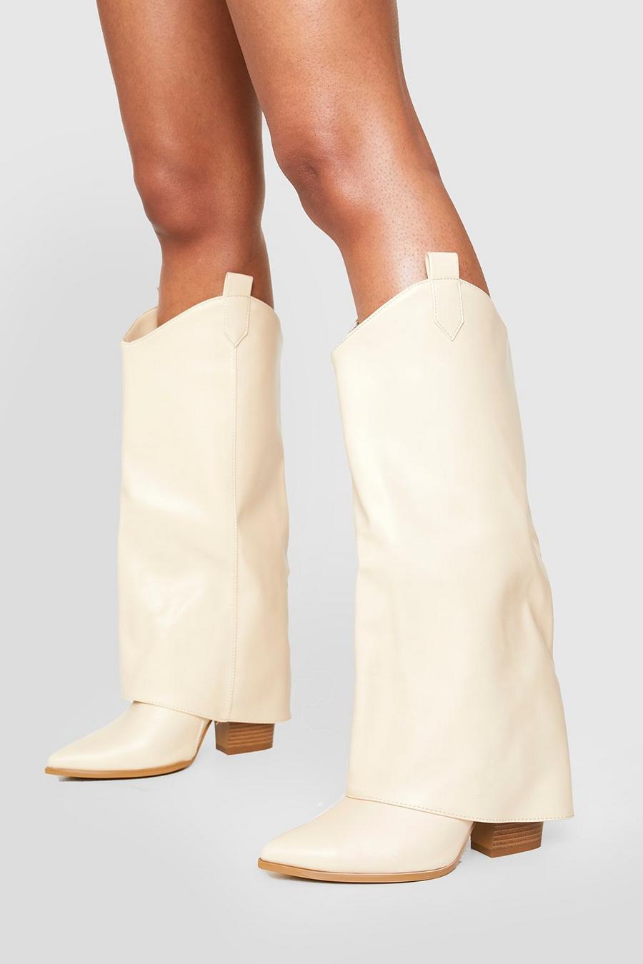 Cream white Tab Detail Foldover Boots 