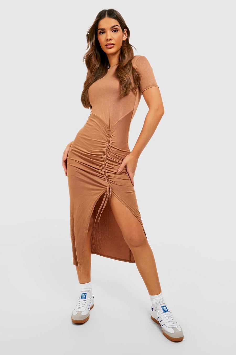 קאמל שמלת טישרט מידי עם קפלים image number 1