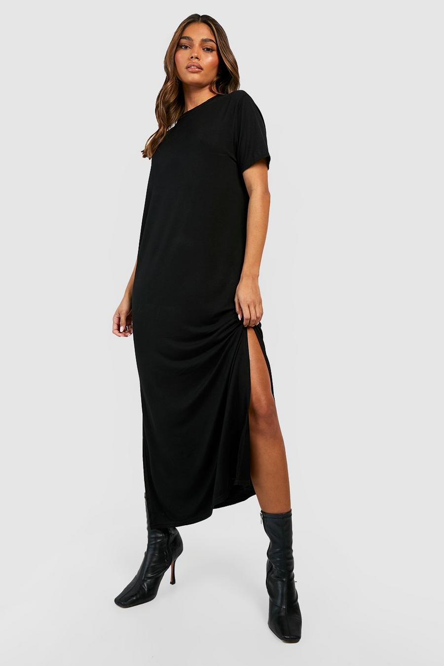 Black Oversized Cotton Midi T-shirt Dress image number 1