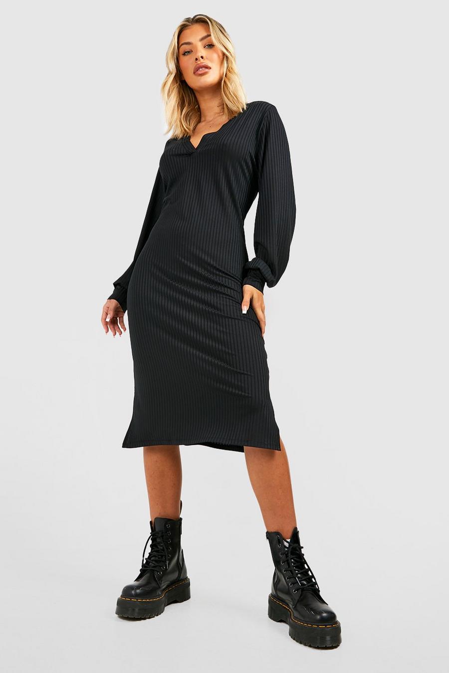 Black Rib V Neck Midi Sweater Dress image number 1