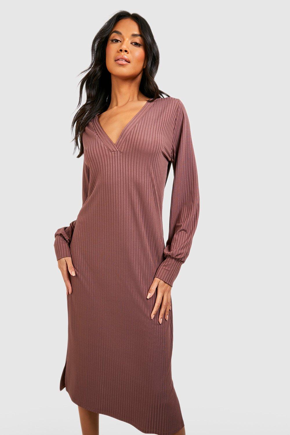 Rib V Neck Midi Jumper Dress boohoo