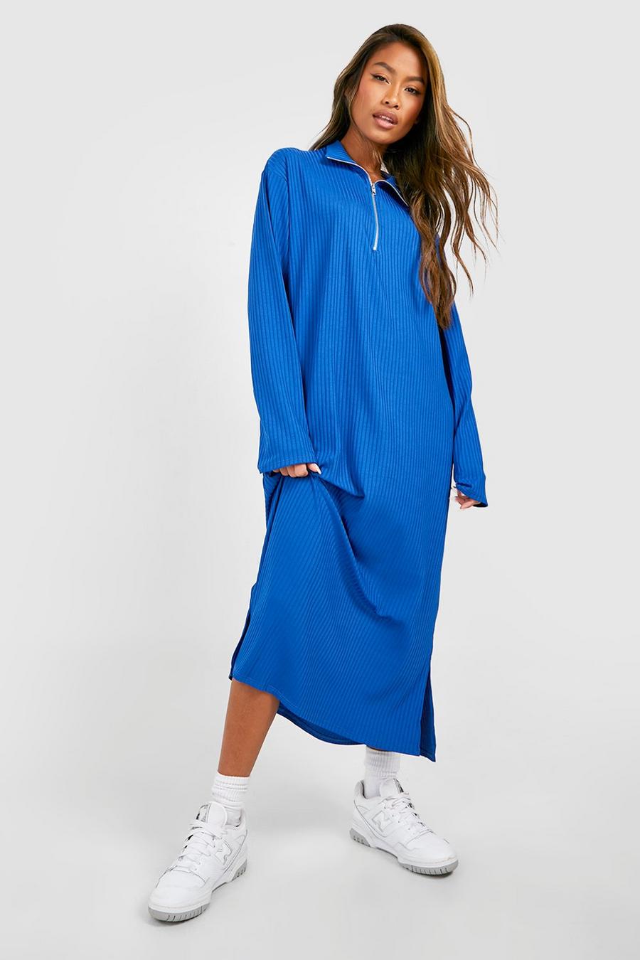 Cobalt blue Rib Half Zip Midi Side Split Sweater Dress