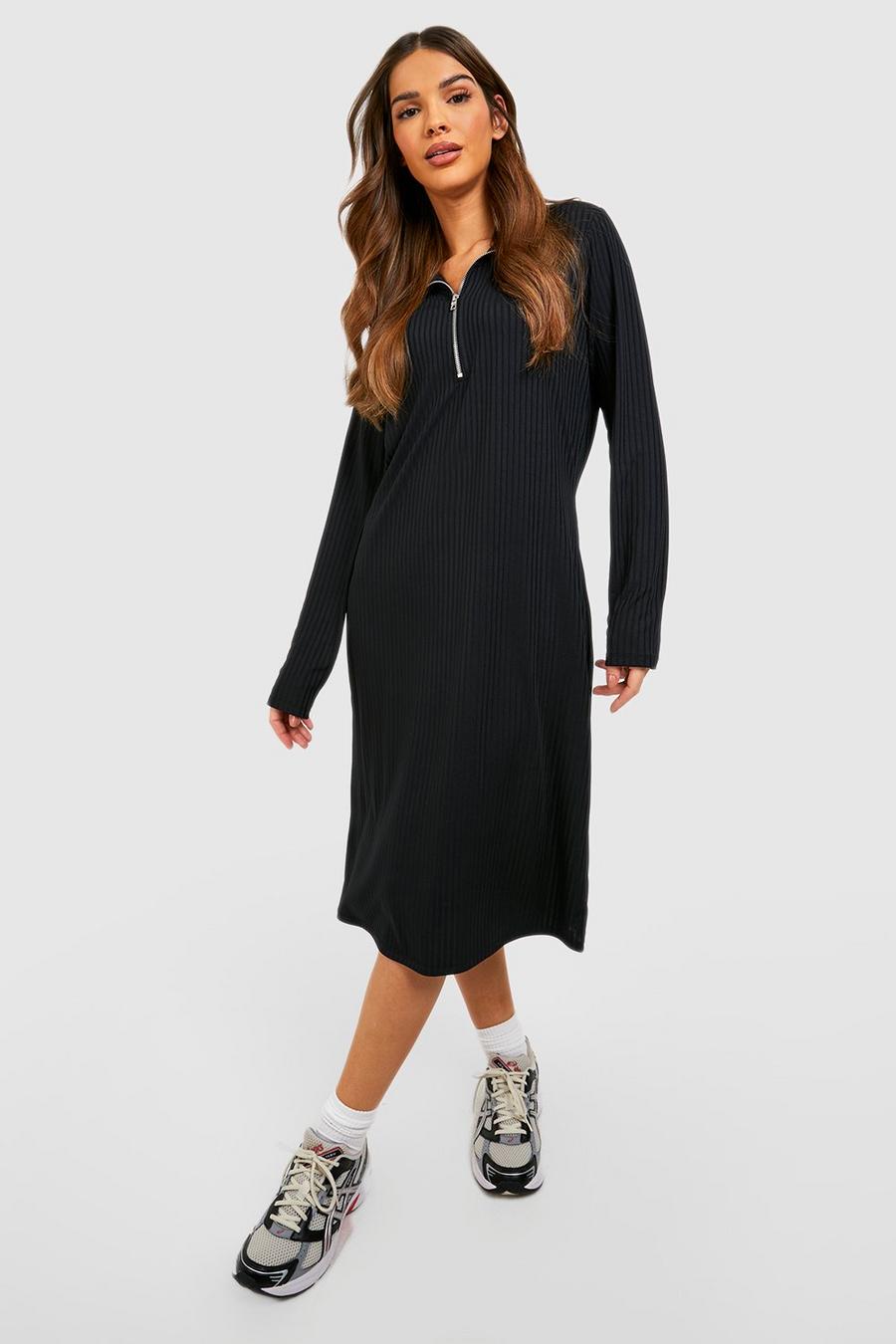 Black Rib Half Zip Midi Sweater Dress