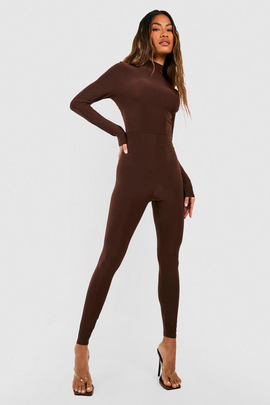 Chocolate brown Premium Heavy Weight Slinky High Neck Unitard Jumpsuit