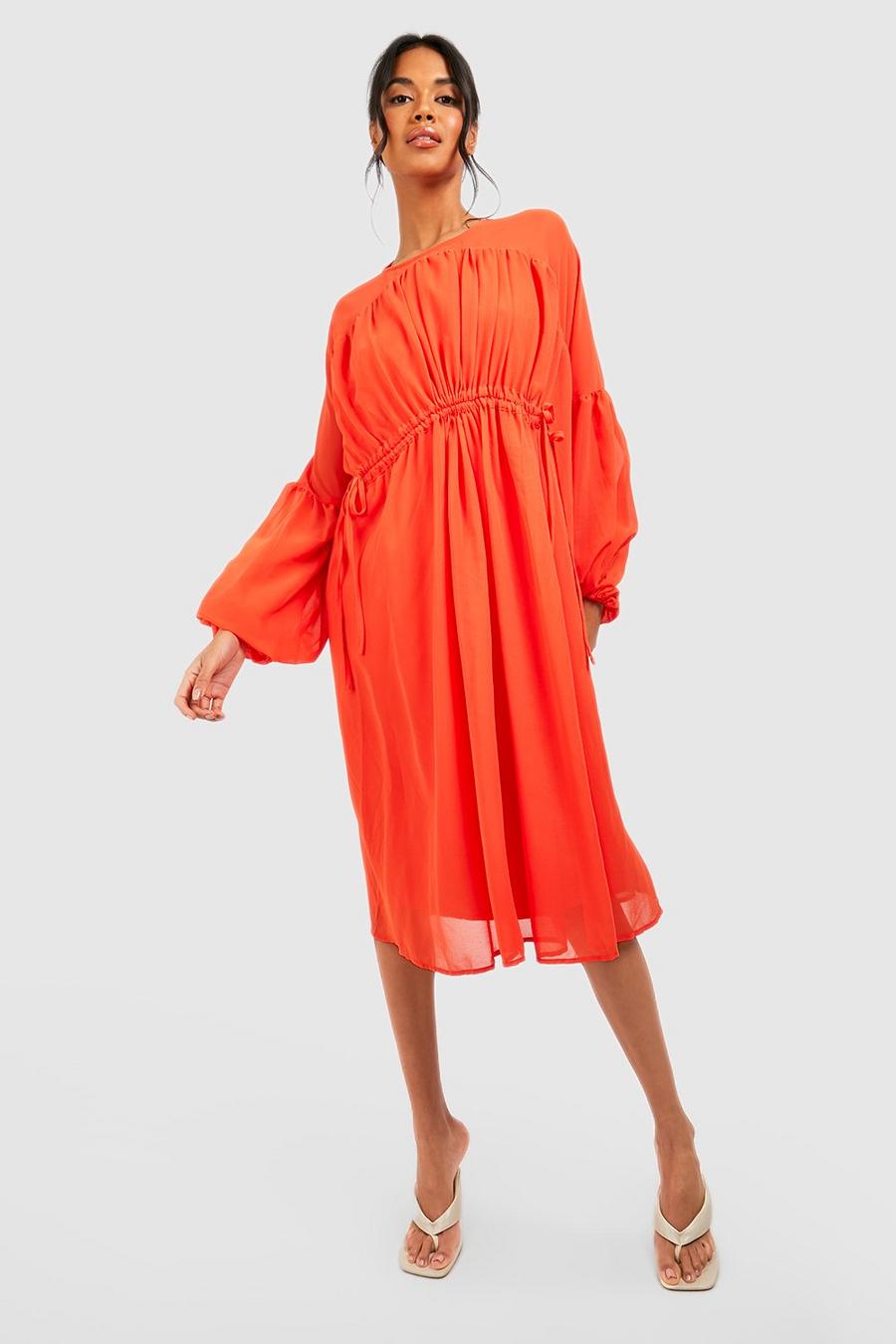 Orange Chiffon Gathered Neck Midi Dress