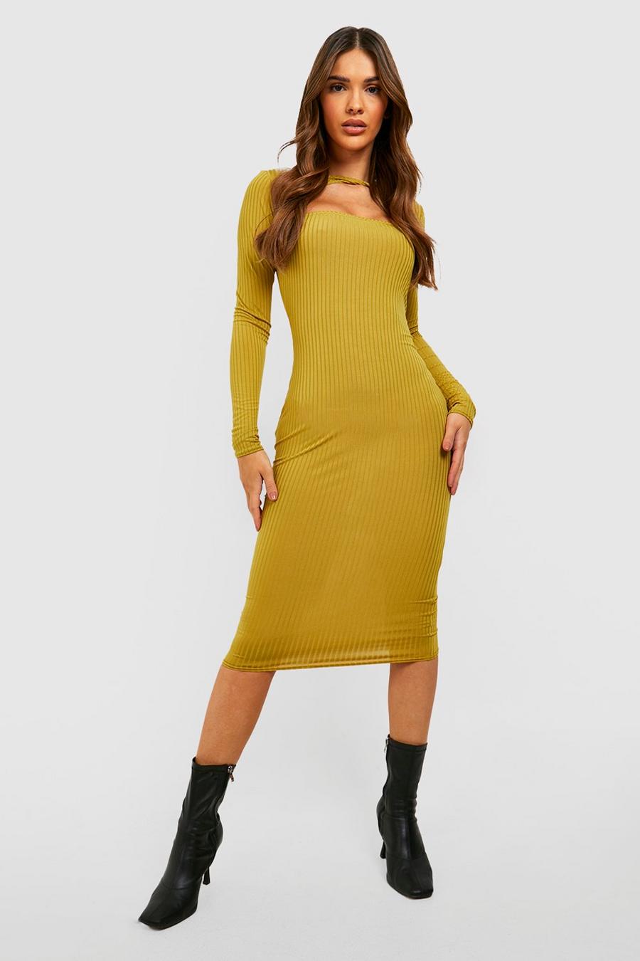 Olive Jumbo Rib Cut Out Detail Midi Dress image number 1