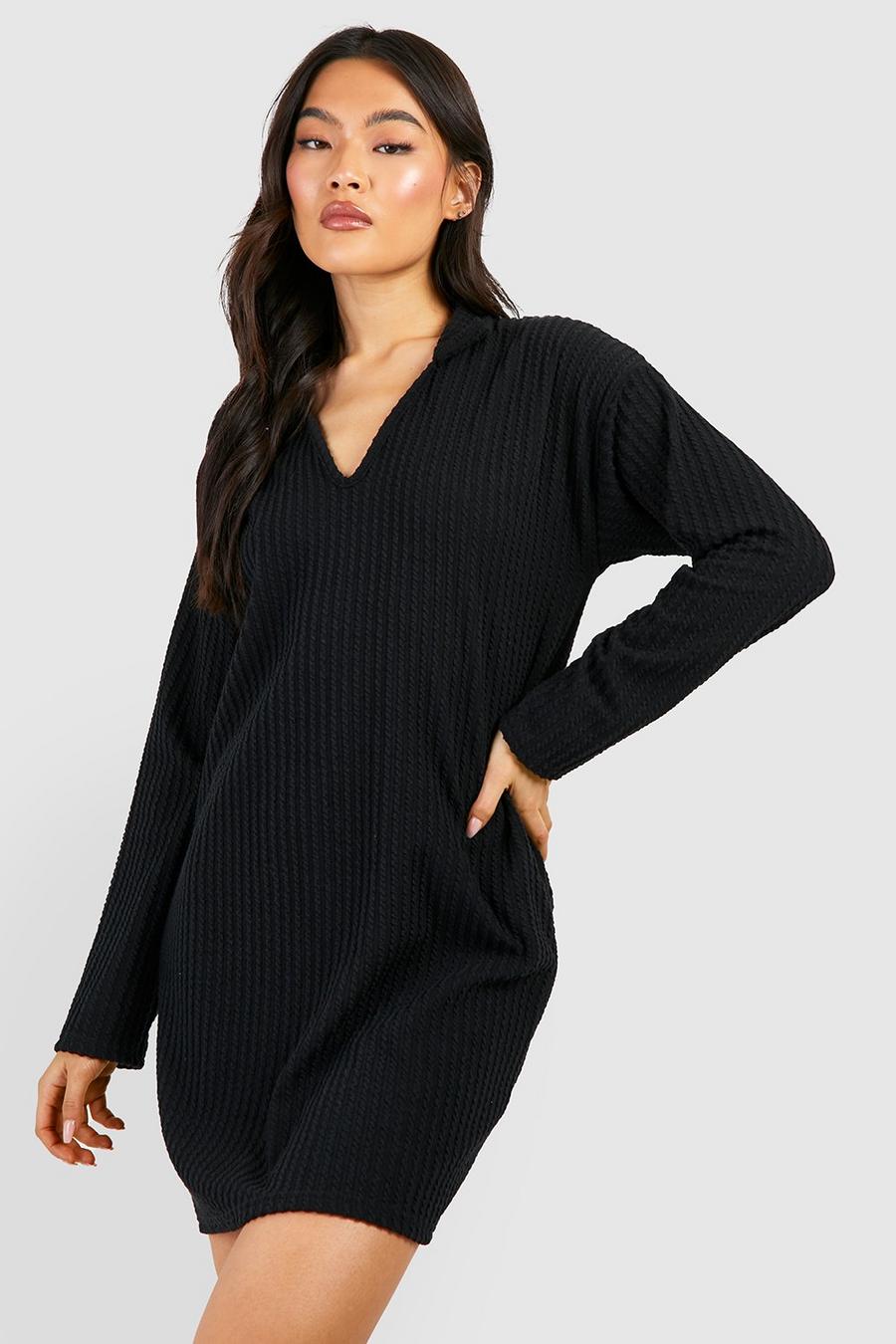 Geripptes Pulloverkleid mit Polo-Kragen, Black image number 1