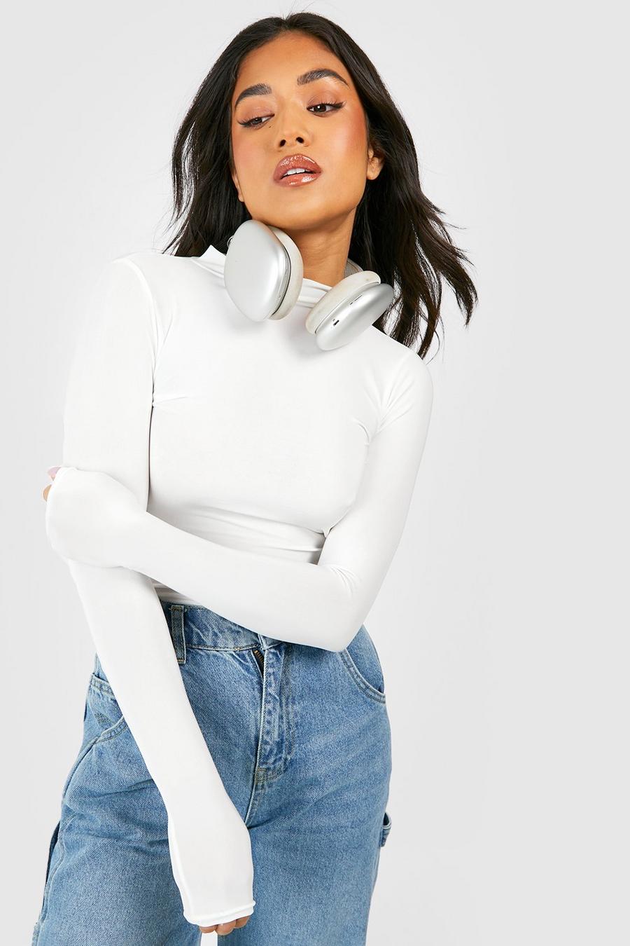 White Petite Long Sleeve Slinky Funnel Neck Top image number 1