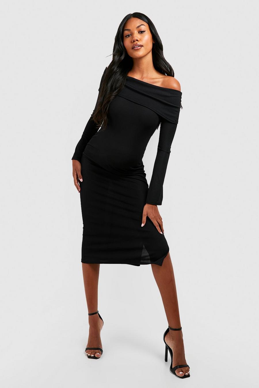 Black Maternity Bardot Flare Sleeve Rib Split Midaxi Dress
