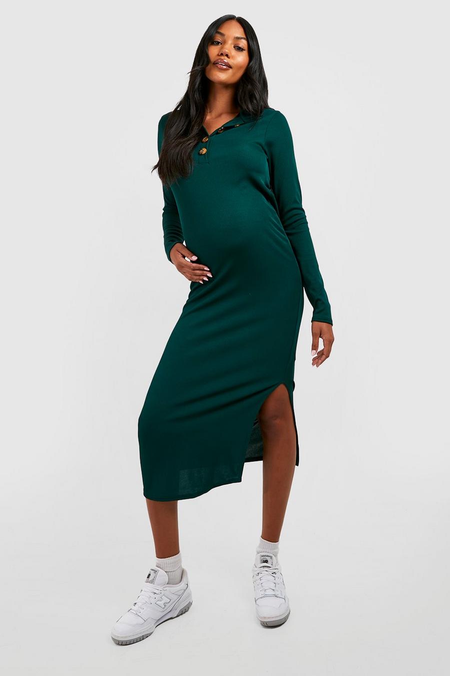 Bright green Maternity Button Rib Split Midi Dress image number 1