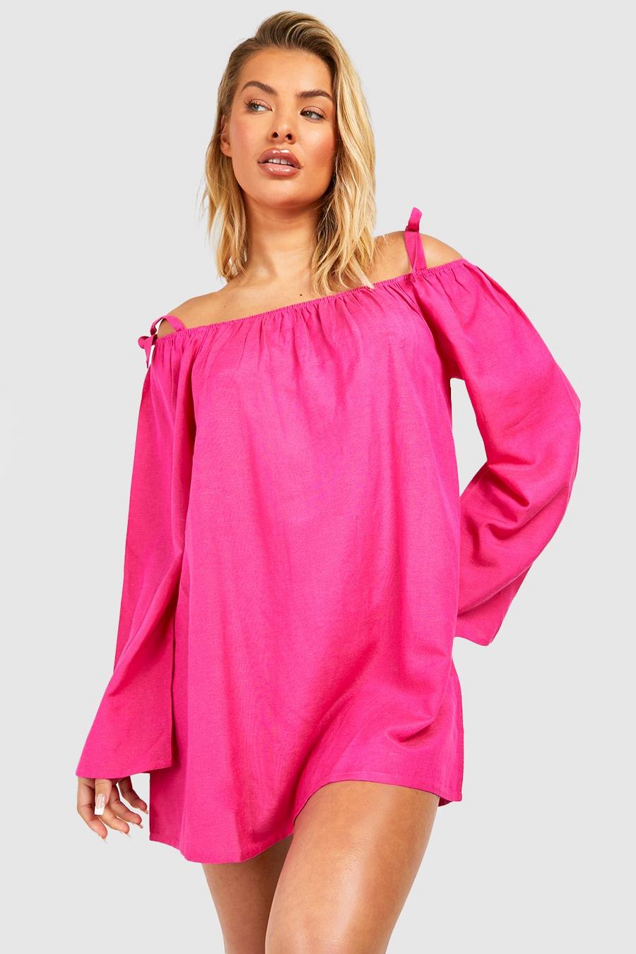 Vestido para la playa efecto lino con atadura en los hombros y escote bardot, Bright pink image number 1