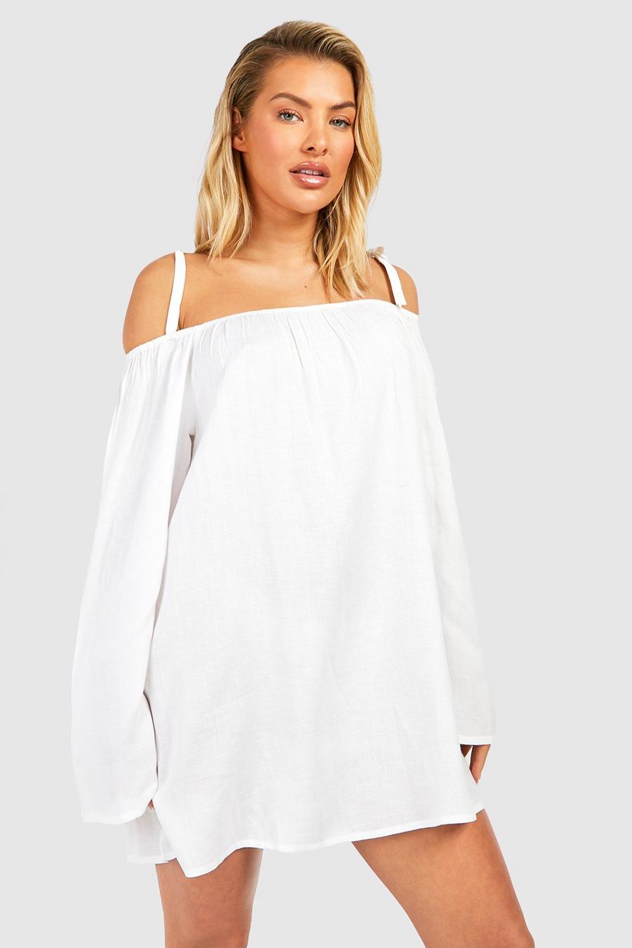 White Linen Look Tie Shoulder Bardot Beach Dress image number 1