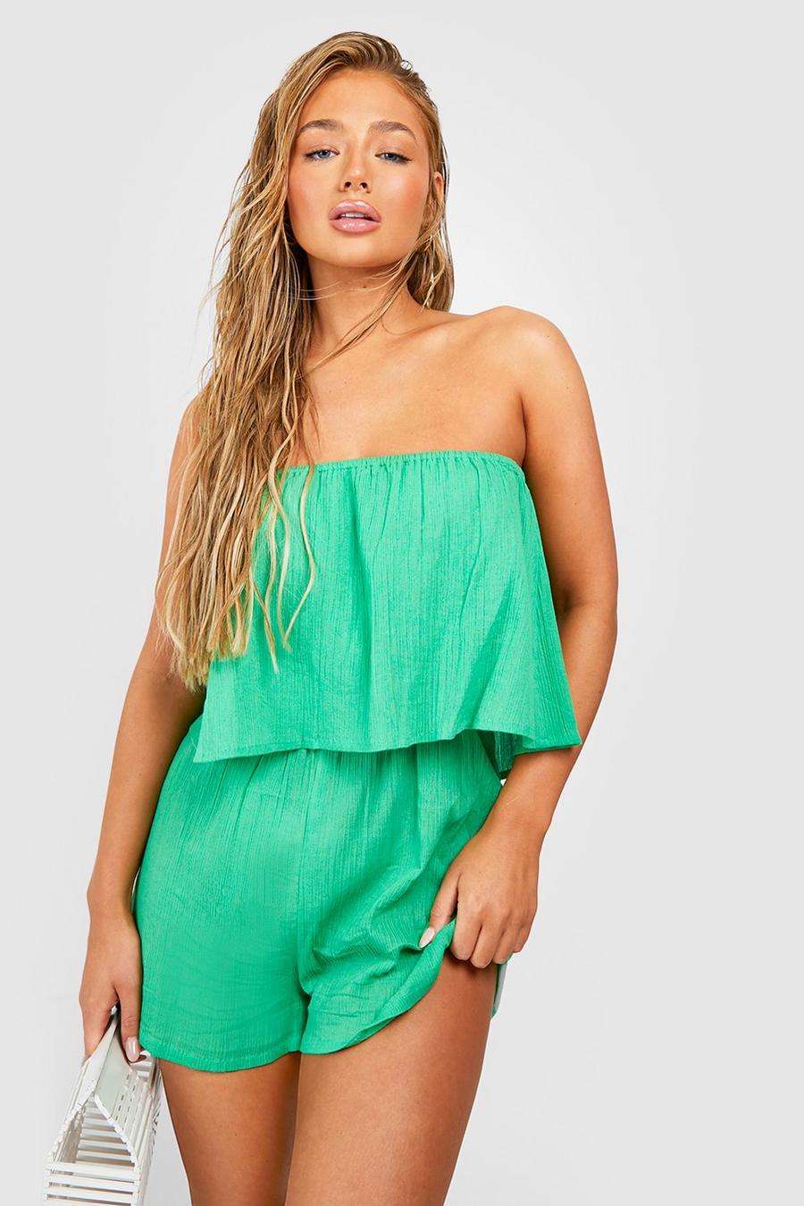 Green Cotton Ruffle Bandeau Beach Playsuit image number 1