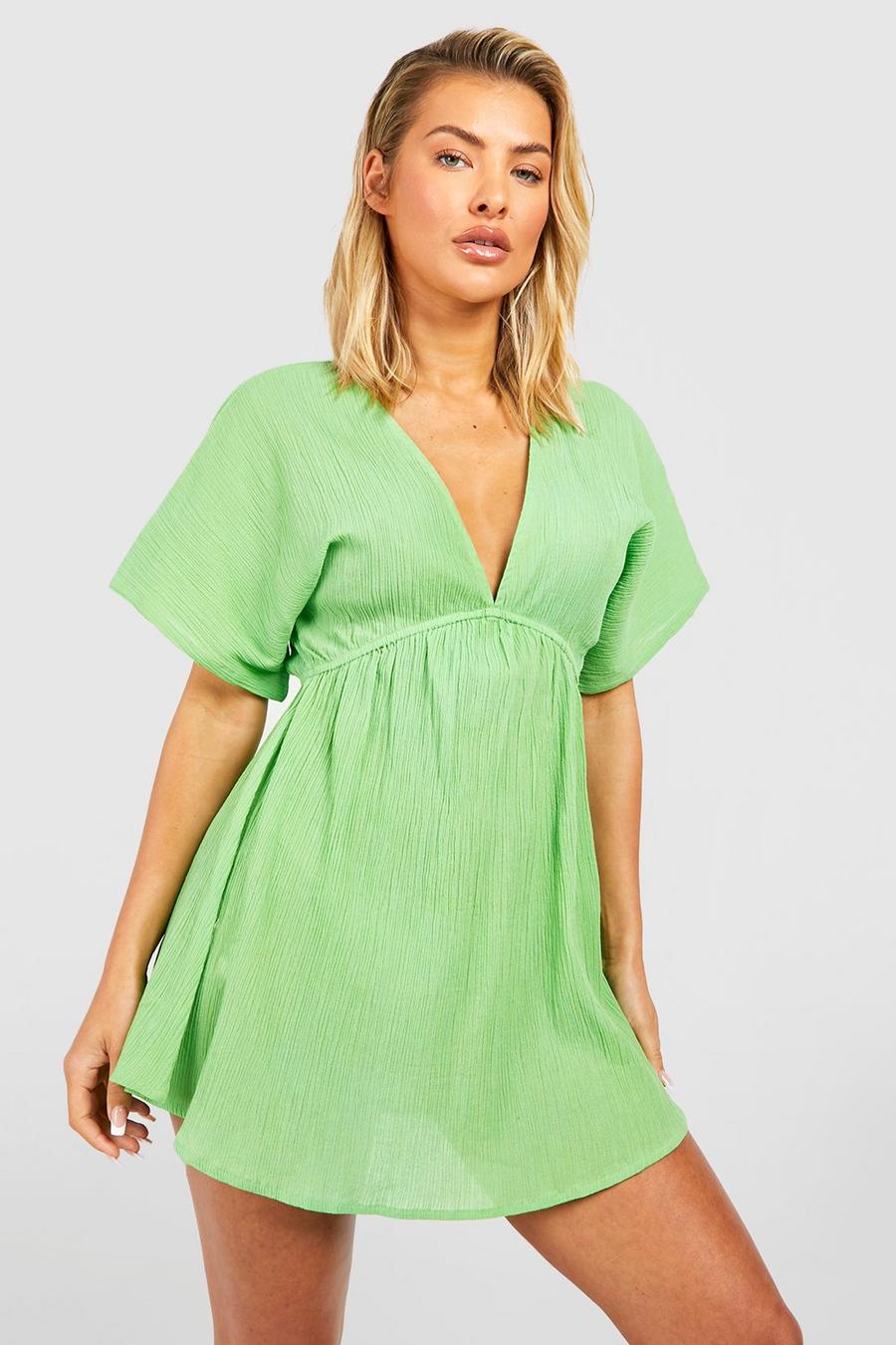 Green Cotton Flutter Sleeves Plunge Beach Dress image number 1