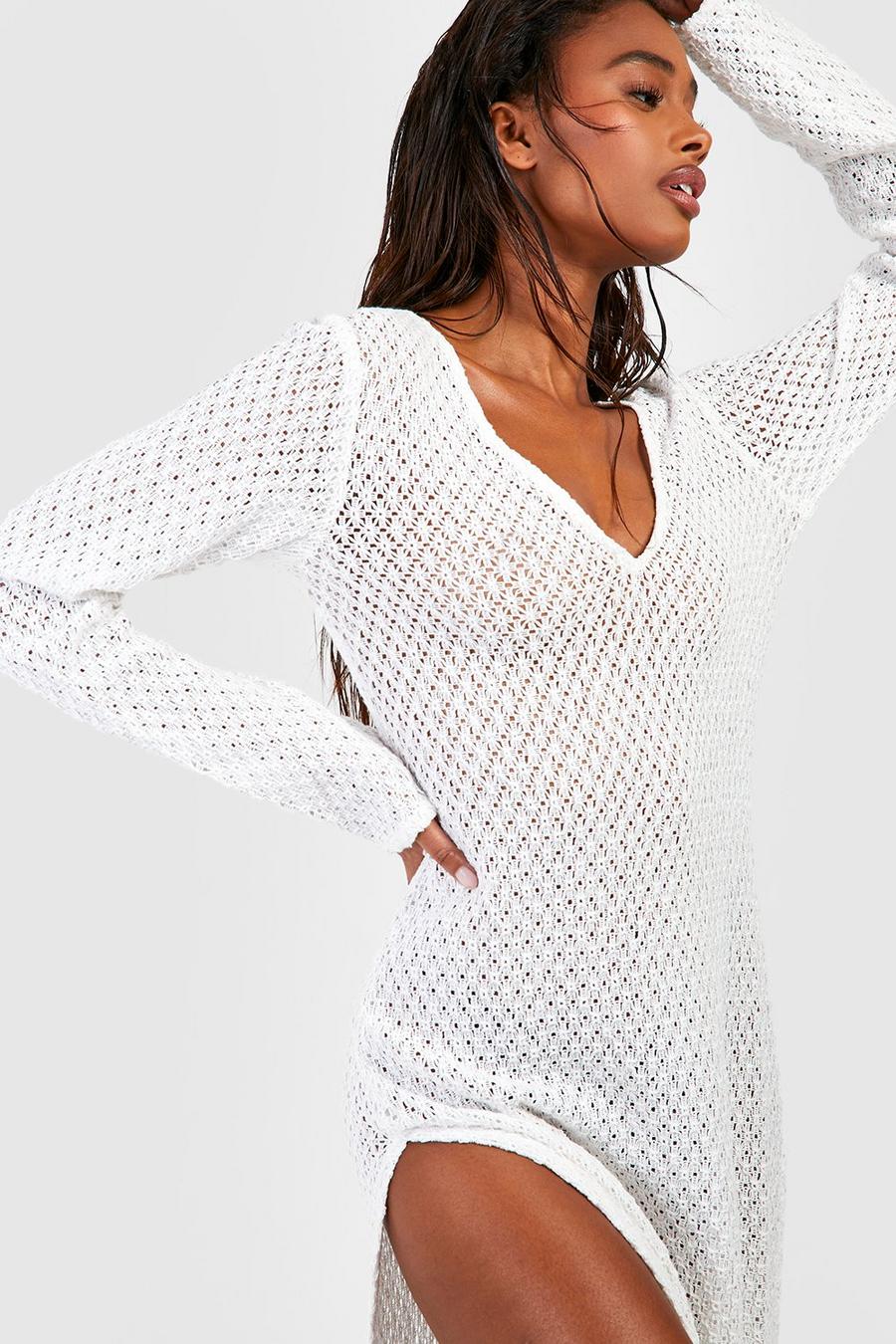 White Crochet Split Sides Beach Maxi Shorts Dress image number 1