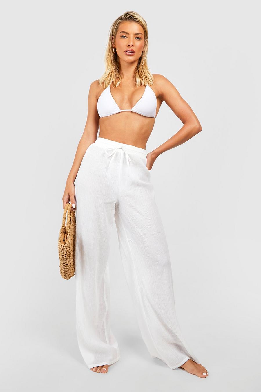 White Textured Linen Look Tassel Wide Leg Beach Trousers image number 1