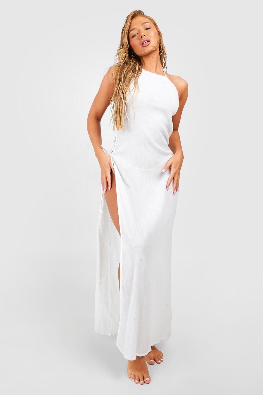 White Crinkle Split Sides Halterneck Beach Dress image number 1