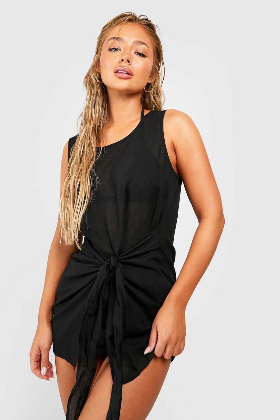 Black noir Linen Look Tie Front Beach Mini Dress