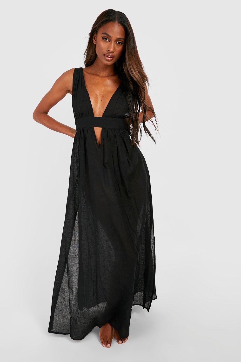 Linen Look Plunge Split Maxi Beach Dress | boohoo USA