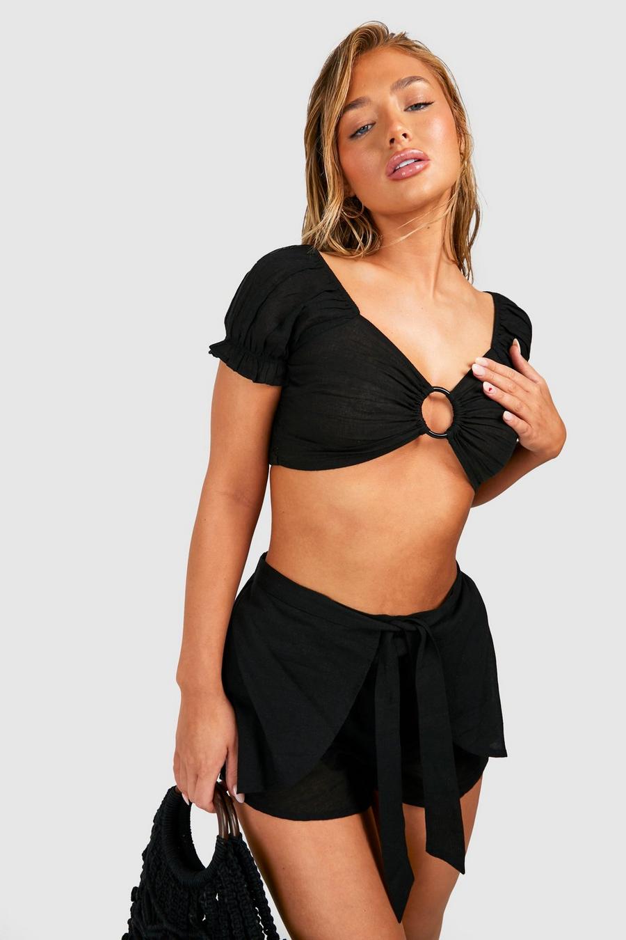 Black Linen Look O-ring Top & Short Beach Co-ord  image number 1
