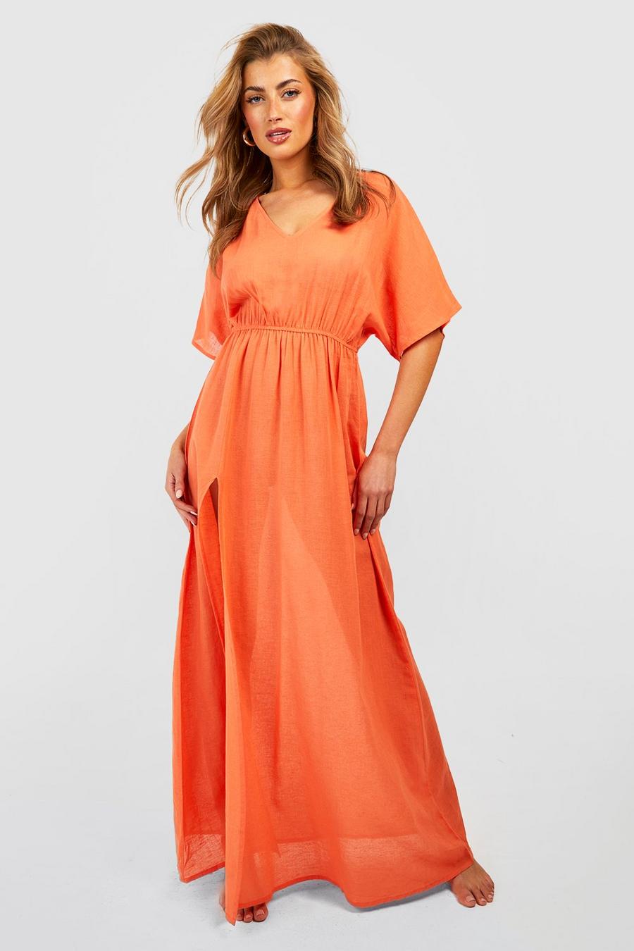 Vestito maxi da mare effetto lino con laccetti in vita, Tropical orange image number 1
