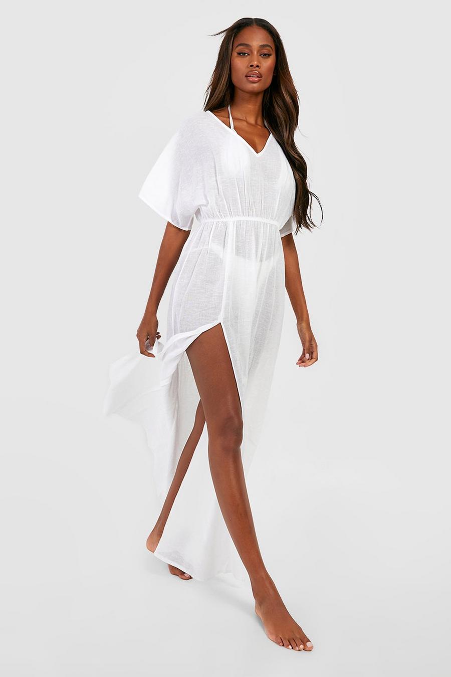 White Linen Look Tie Waist Maxi Beach Kaftan Dress image number 1