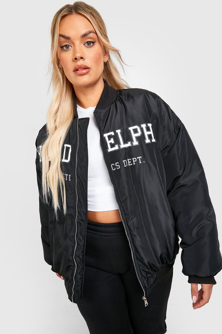 Giacca Bomber Plus Size in Shell con slogan Philadelphia, Black image number 1