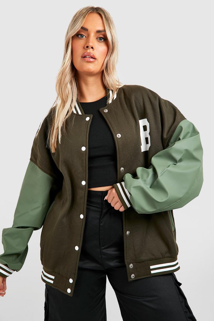 Giacca Bomber Plus Size stile Varsity con maniche in PU, Green image number 1