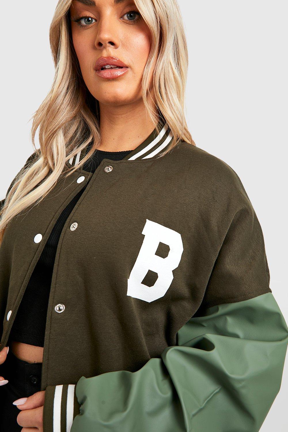 Plus Varsity Pu Sleeve Bomber Jacket boohoo